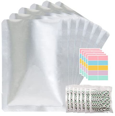 50 sacchetti in Mylar da 3,5 litri, per la conservazione degli alimenti, con assorbitori di ossigeno, 500 CC (6 confezioni da 10 pezzi) ed etichette, 25,4 x 35,6 cm, sacchetti sigillabili a caldo per
