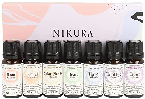 Nikura Chakra Blends Essential Oil Set | Spiritual Gifts, Meditation, Yoga Oil, Diffuser for Home, Candles | Root, Sacral, Solar Plexus, Heart, Throat, Third Eye, Crown Chakra | 7 x 10ml | UK Made