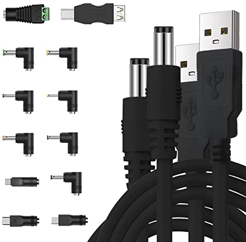 DAOKAI 2 Pcs 5V 2A USB to DC Power Cable USB 2.0 Type A Male to DC 5.5 x 2.1mm Plug Power Cord USB to DC Charging Cord for Fan/Speaker/Router/Phone with 12 Pcs Adapter Plug