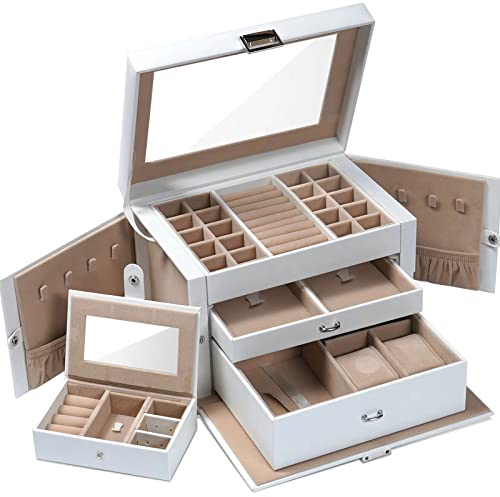 Trois Croissants Schmuckkästchen, mit transparentem Deckel, Schmuckkasten mit 3 Ebenen, Schmuck-Organizer mit 2 Schubladen, mit tragbarer Mini-Box für Reisen, Aufbewahrung, Geschenkidee, weiß