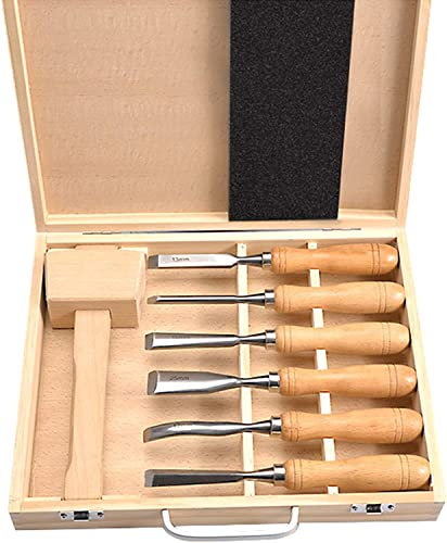 OITTo Juego de cinceles de Madera de 7 Piezas con Mangos de Madera, mazo de Madera y Caja de Madera para carpintería