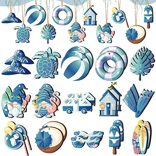 KIPETTO 30Pcs Summer Wood Hanging Ornaments Blue Beach Gnomes Sea Turtle Tropical Ornaments Tree Decorations Hang Tags with Rope for Hawaiian Party Supplies