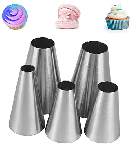 XOPOZON Set di 5 Beccucci in Acciaio Inox, Manicotti Rotondi per Torte di Piccole, Medie e Grandi per Bocchette Decorative Accessori per Cupcakes, Compatibili con Tasche per Manicotti