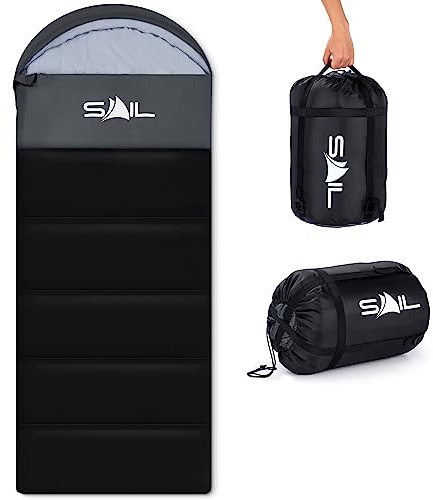 SAIL 3 Season Sleeping Bag for Kids & Adults - Extra Wide, 250GSM Lightweight & Waterproof - Large XL Sleeping Bag for Camping, Indoor & Outdoor, Hiking & Backpacking - Black