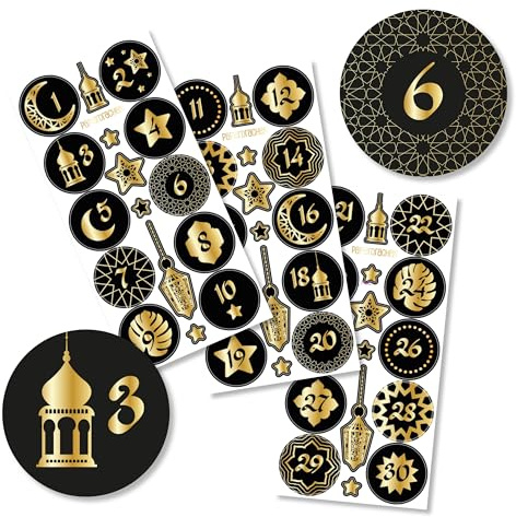 Pappersdrake 30 sifferklistermärken för Ramadan – svart – guld folierad – klistermärke diameter på ca 4 cm – för att pyssla och dekorera din personliga ramadankalender – Eid Mubarak – set 1