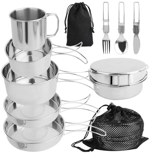 RISVOWO Camping Geschirr Set 10 Teiliges, Edelstahl Campingbesteck Zubehör, Outdoor Reisebesteck Set 2 Personen mit Faltbare Messer Gabel Löffel, Kochgeschirr für Picknick Backpacking Camping Wandern