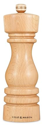 Cole & Mason London Natürliches Holz Salzmühle 18 cm, Keramikmahlwerk | Salzmühle für grobes Salz mit verstellbarem Mahlgrad, natürliches Buchenholz, Gewürzmühle, Lebenslange Mechanik-Garantie