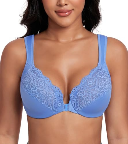 DotVol Women's Front Closure Wide Strap Underwire Bra Lace Plus Size U-Back Unlined Everyday Bra(Aqua-Blue,40F)