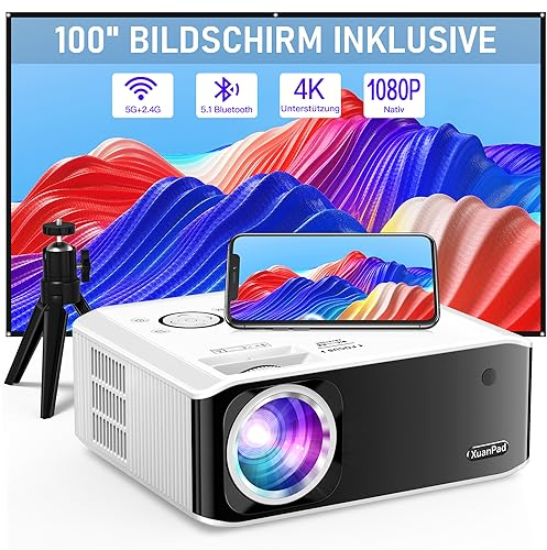 XuanPad - Proyector eléctrico de corrección Keystone 6D/4P, proyector nativo mejorado 1080P 5G WiFi Bluetooth compatible con 4K, proyector HD de 18000L con pantalla y trípode para iOS/Android/TV Stick