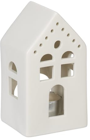 Relaxdays Casetta Portacandele in Ceramica, Casa Luminosa Porta-Tealight, per 1 Candelina, HLP: 12 x 6,5 x 6 cm, Bianco