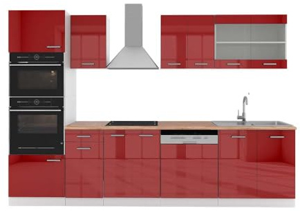 Vicco Küchenzeile R-Line, Rot Hochglanz, 300 cm mit Hochschrank, AP Eiche, mit variabel anordenbaren Modulen und höhenverstellbaren Füßen