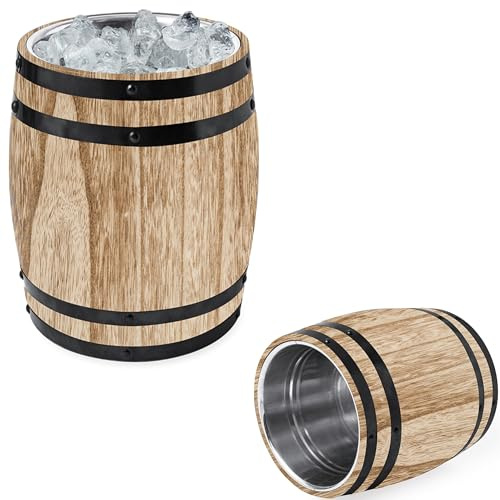 Refroidisseur de bouteille, de boisson, de bière, de champagne, de glaçons, en bois avec double paroi en acier inoxydable, pour bouteilles ou glaçons, contenance de 3 l, pour fête de jardin et