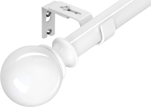 Curtain Poles for Eyelet Curtains Single Curtain Rod White Curtain Pole with Adjustable Brackets and Round Finials for Living Room, Bathroom, Bedroom（33-59inch, White）
