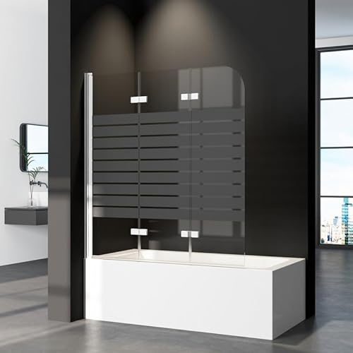 Duschwand für Badewanne 130 x 140 cm 3-teilig Faltbar, Duschabtrennung mit Schwarz Gestreift Badewannenaufsatz aus 6mm ESG Sicherheitsglas, 130cm Duschtrennwand Badewannenwand in Weiß Alu