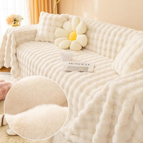 FANSU Plüsch Sofabezug 1 2 3 4 5 Sitzer, Antirutsch Winter Wärme Weich Sofaüberwurf Decke Ecksofa Couch Bezug Sofaschoner Sofa Decken Einteiliger Couch Überwürf (5 Sitzer Plus(180x520cm,Weiß)