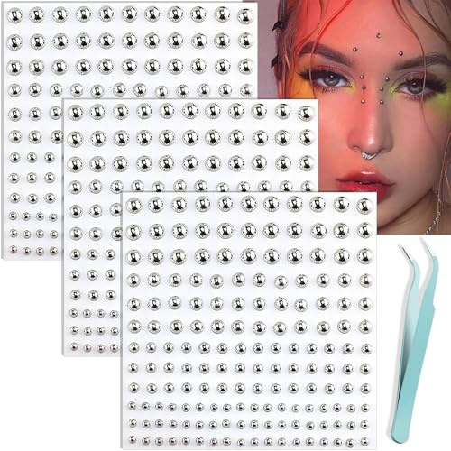 Moguri 3 Sheets of Silver Face Gems, Fake Lip and Nose Stud Stickers, Eyebrow Piercing Stickers, Non-Penetrating Nose Jewellery for Halloween, Y2K Punk, Cosplay, Includes Tweezers