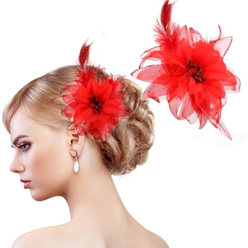 MWOOT 2 Pezzi Fermaglio per Capelli Fiore di Piume, Rosso Fiore Mollette Capelli, 1920 Fascinator Copricapo Piume per Donna, Retrò Accessori per Capelli per Cocktail Nozze Festa del Tè
