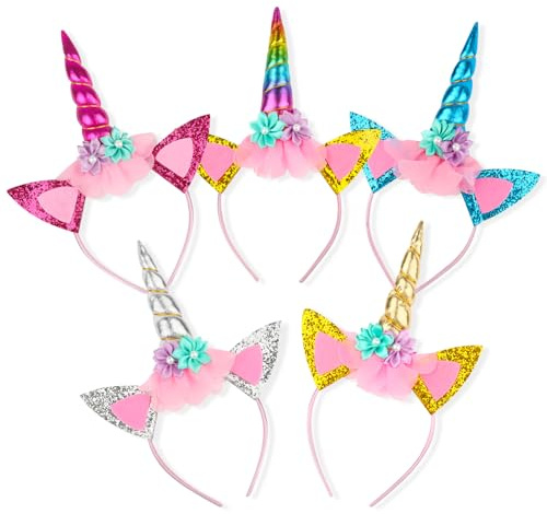 VFANDV Einhorn Stirnband, 5 Stück Einhorn Haarreif Kinder, Kindergeburtstag Haarreif, Einhorn Geburtstag Head Accessoires Party Dekoration, Kopfschmuck für Mädchen Geburtstag