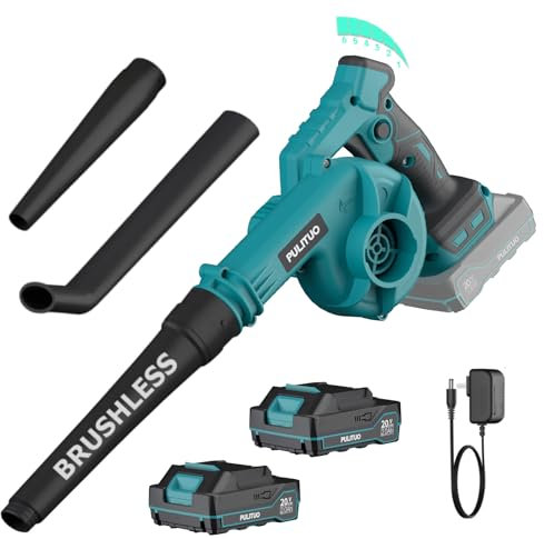 Soffiatore a Batteria, Soffiatore Elettrico 20V con 2 Batteria, 257 KM/H Soffiatore Foglie con 6 Modalità di Velocità, Leggero per Prato, Patio, Soffiare Foglie e Polvere