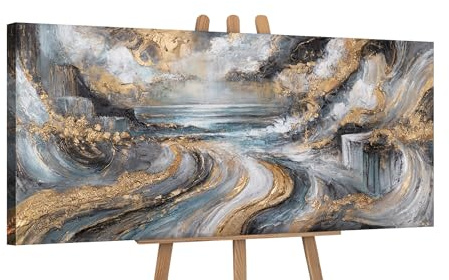 YS-Art Dipinto Acrilico Originale | Paesaggio Marino Astratto | Onde Oceaniche Oro Grigio Blu | Arte Moderna da Parete 115 x 50 cm