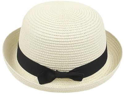 Chapeau de Paille Anti UV pour Fille Chapeaux de Soleil D'été pour Enfant avec Noeud Casquette Protection Solaire Pliable Chapeau Fedora à Dessus Plat et Rond