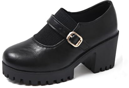 MGGMOKAY Chaussures Mary Jane pour Femmes avec Lacets Réglables et Talons épais,Noir,37