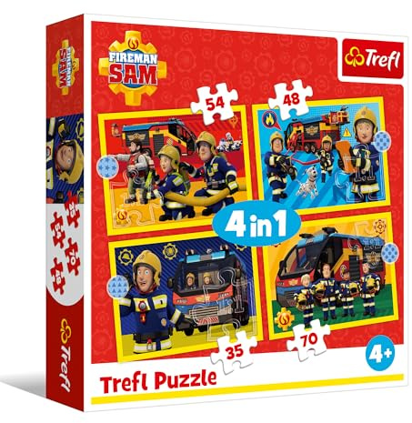Trefl - Puzzles von 35 bis 70 Teile, 4-in-1: Strażak NA sygnale, 4+ | Set mit 4 Puzzles, unterschiedliche Schwierigkeitsgrade, Förderung von Konzentration und Beobachtungsgabe, hohe Qualität