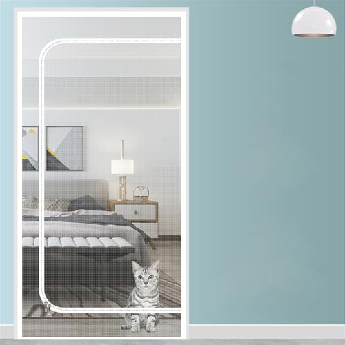 Robuster magnetischer Fliegengitter-Tür, Haustier- und kinderfreundlich, Netzvorhang mit Reißverschluss, kratzfestes Design, 90 x 200 cm, Weiß, ideal für Hunde und Katzen, einfache Installation