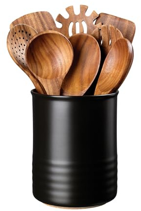 ABRUTY Utensil Holder, 6.7 Ceramic Kitchen Utensil Crock for Countertop Cooking, Modern Utensil Caddy Jar Organizer for Farmhouse Kitchen Counter Décor, Matte Black