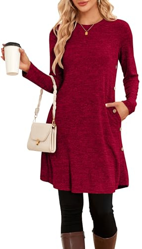 NARRAME Abiti Invernali da Donna Midi a Maniche Lunghe con Bottoni Causali Abito a Tunica Laterale con Tasche Scozzese Medio Tinta Unita Rosso