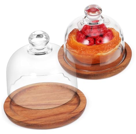 DOITOOL Lot De 2 Assiettes à Gâteau En Acacia 10 Cm Avec Cloche En Verre Hermétique, Plateau Bois Naturel, Conservation Fraîcheur, Service Dessert Maison Et Réception