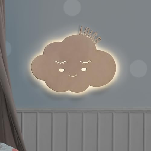 hellomini Personalisierbares LED-Nachtlicht mit Name für Kinder & Babys | Holz-Wandlampe | Schlummerlicht mit Motivwahl – Geschenk zur Geburt & Taufe (Wiebke die Wolke)