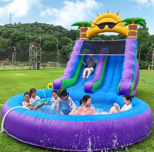 Castillo hinchable con tobogán, Tobogán acuático doble y piscina inflable gigante, Tobogán acuático de PVC para niños y adultos, para patio trasero y al aire libre, con Soplador de 950W, 790x360x420cm
