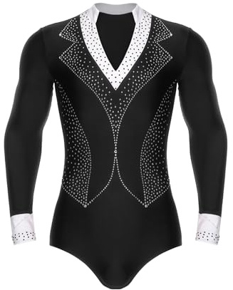 Yhong Men's Cha Cha Salsa Tango Latin Ballroom Dance Shirt Leotard V Neck Long Sleeve Ballet Dance Bodysuit Black Medium