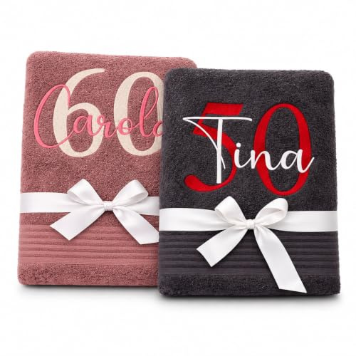 Wuff-Dogsworld Handtuch personalisiert als Geschenk zum 30 40 50 60 70 80 90 Geburtstag Mann oder Frau, Geburtstagsgeschenk personalisiertes Badetuch als Baumwolle mit Namen Bestickt