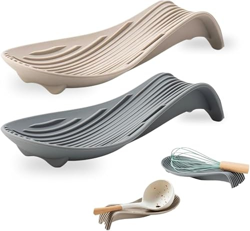 Apoya Cucharas de Cocina - Reposacucharas de Silicona Pack 2 Gris y Beige – Resistente al Calor, Antideslizante y Antigoteo – Soporte para Cucharas – Spoon Rest