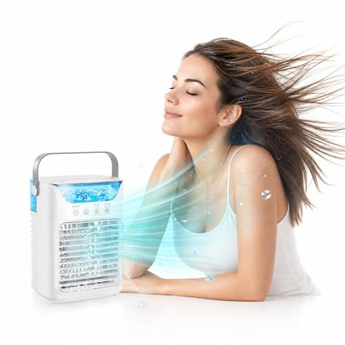 Cocoarm Mini Air Cooler, Portable Air Conditioner Fan with USB Rechargeable 700ML Water Tank, 3 Wind Speeds and Color Night Light for Home Office Outdoors