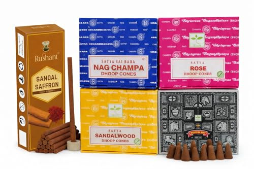 Satya Mixed Dhoop Cones Set 4 Packs x 12 Cones (48 Total) – Nag Champa, Rose, Sandalwood & Superhit with Stand & Rushant Sandal Saffron Dhoop Sticks (10) – Incense for Meditation, Yoga & Pooja
