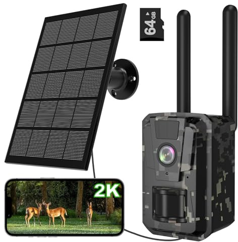 Swetfela Solar Wildlife Camera with Night Vision - 2K Trail Camera Motion Detection 120°, Max 100M WiFi, Bluetooth, Detachable Solar Panel, 5200mAh Battery, 0.2s Trigger 64GB TF Card, IP66