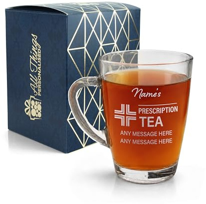 Engraved Tea Cup, Personalised Prescription for Tea Design, 300ml or 10.5oz Capacity, Glass Tea Cup, Gift Boxed, Funny Gift