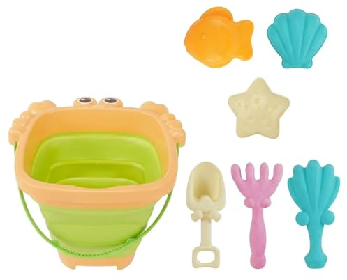 Beach Toys Set – Bucket and Spade Crab Design, Sand Toys with Collapsible Bucket, Rake, 2 Shovels & 3 Moulds, Portable Outdoor Play for Kids