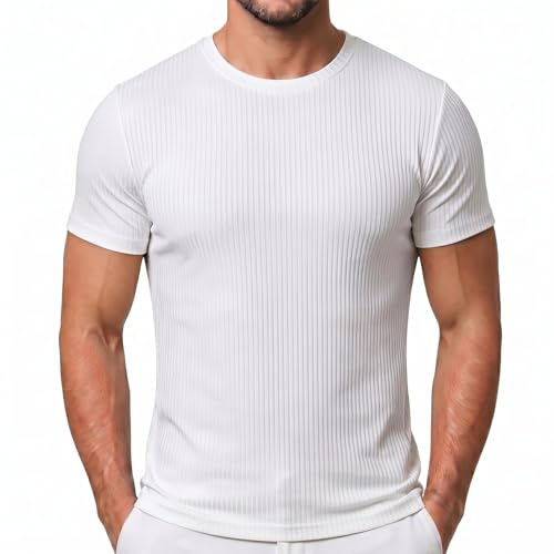 Rewlawn Maglietta da Uomo con Scollo Rotondo Maniche Corta T-Shirt Estive Leggero Lavorata a Maglia a Righe Magliette da Lavoro Basic Tinta Unita Casual Sport Fitness