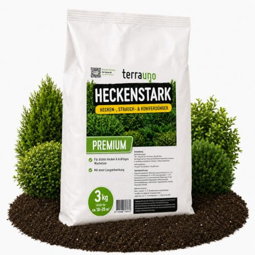 TerraUno Heckenstark Heckendünger & Koniferendünger 3 kg, Langzeitdünger für Thuja, Kirschlorbeer, Buchsbaum & Sträucher, organisch-mineralischer NPK Volldünger mit Magnesium für sattes Grün