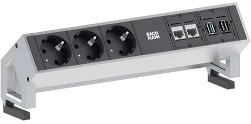 Bachmann Desk 2 Tischsteckdose, 3-Fach mit 2X CAT6, 1x USB 3.0 und 1x HDMI, Mehrfachsteckdose für Büro und Konferrenzraum mit hochwertigem Aluminium 902.502