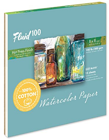 Speedball Fluid 100 Hot Press Watercolour Block 8 x 8 100% Rag Cotton Paper that is Gelatin-Sized, 300gsm Sheets / 140lb
