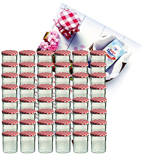 Set da 48 barattoli in vetro da 350 ml per conserve/marmellate, con tappo tipo TO 82 (twist-off diametro 82 mm) colore rosso a quadretti, quaderno per ricette incluso