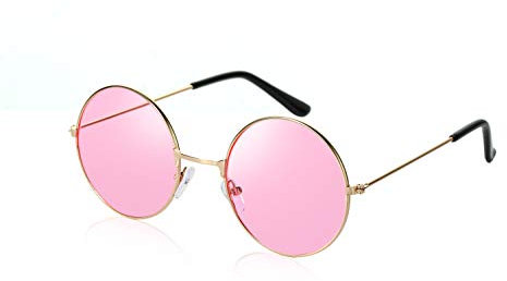 Komonee Lennon Style Pink Flat Lens Round Retro Classic Sunglasses Vintage Hippy Tea Shades Unisex Steampunk UV400 Protection