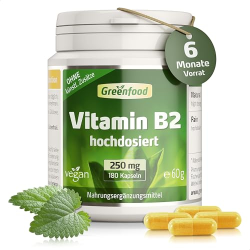 Vitamin B2, 250 mg, hochdosiert, 180 Kapseln - OHNE künstliche Zusätze