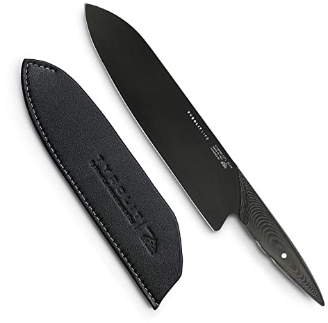 Tyrolit LIFE Fly Wheel Cut Kochmesser, 20cm extrem scharfe Klinge, Profi Messer mit Lederhülle, Küchenmesser für Fisch, Fleisch Obst und Gemüse, Edelstahl Allzweckmesser, Schwarz