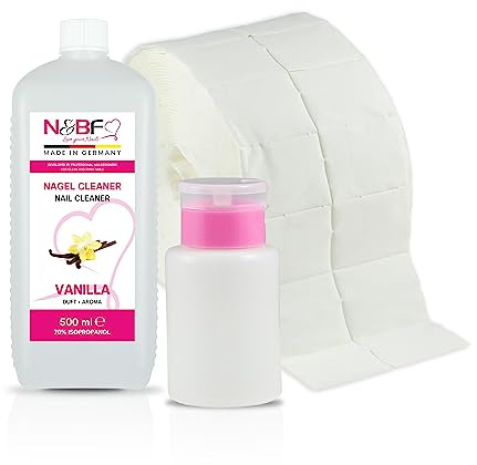 NAILS FACTORY Nagel Cleaner Set 500ml Vanille Duft mit Dispenser Pumpflasche Rosa 150ml & 1000 Zelletten Pads für Gelnägel 70% Isopropanol